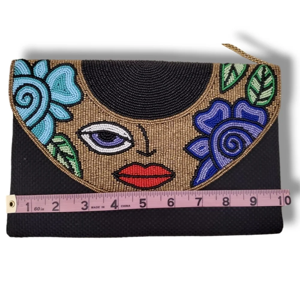Beaded DAVID JEFFREY Multicolor Floral Face Evening Clutch, Gold Crossbody Chain - Picture 6 of 12